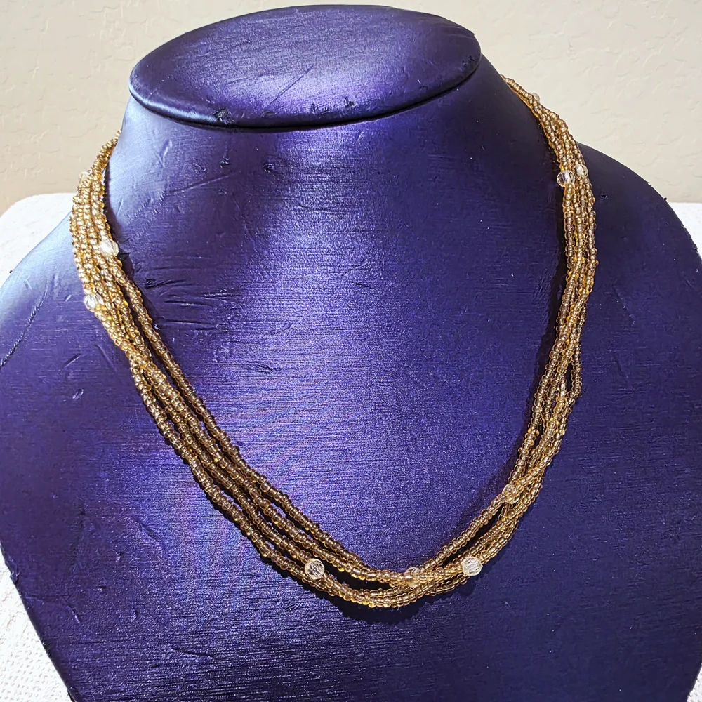 Vintage Glass Bead Beaded Amber Orange Gold White 4 Strand Layered Necklace